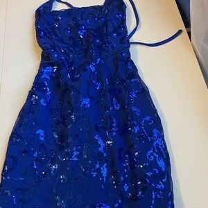 Blue Sequin Halter Dress